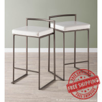 Lumisource B26-FUJI AN+W2 Fuji Industrial Stackable Counter Stool in Antique with White Faux Leather Cushion - Set of 2